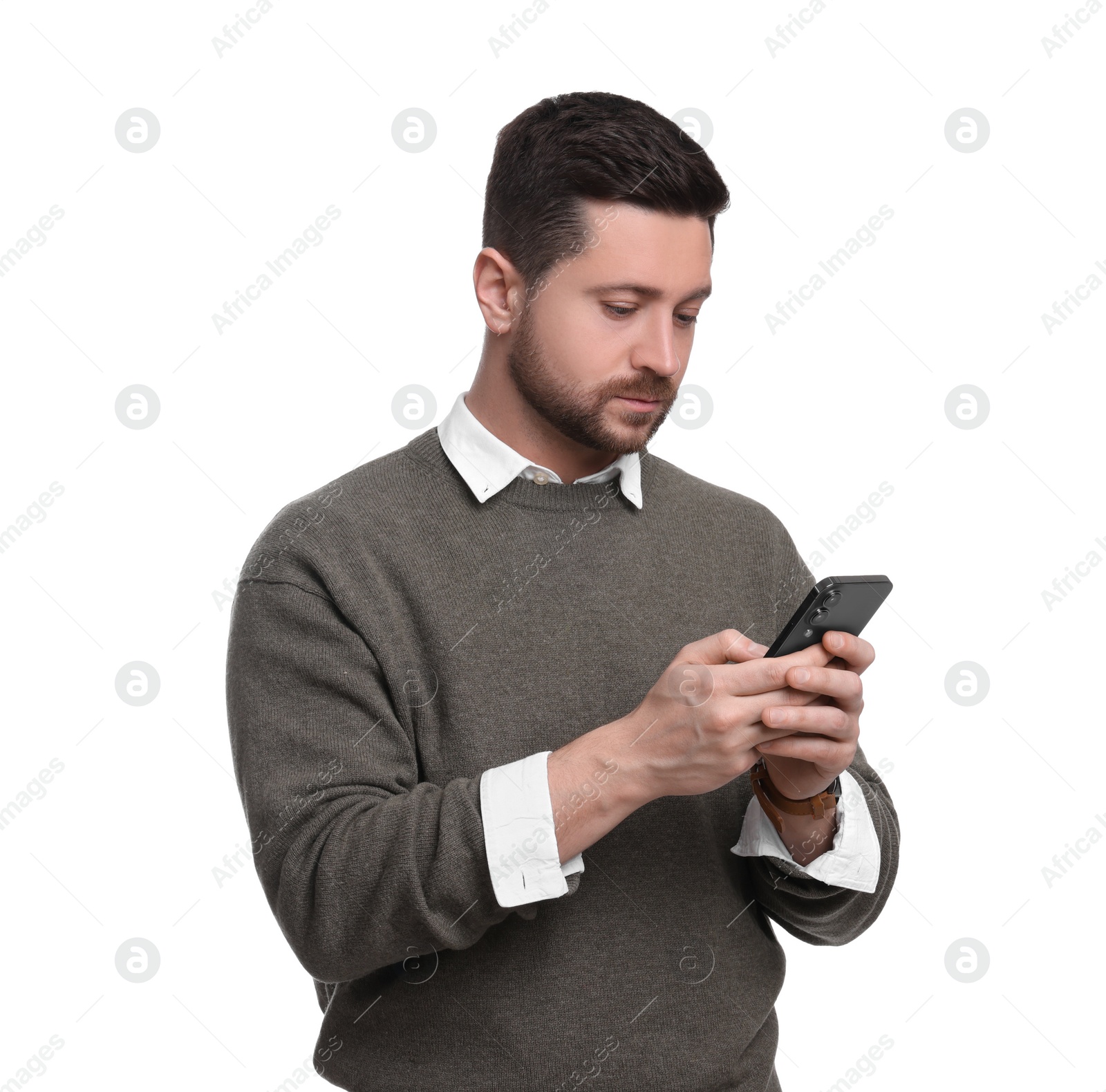 Photo of Handsome bearded businessman using smartphone on white background