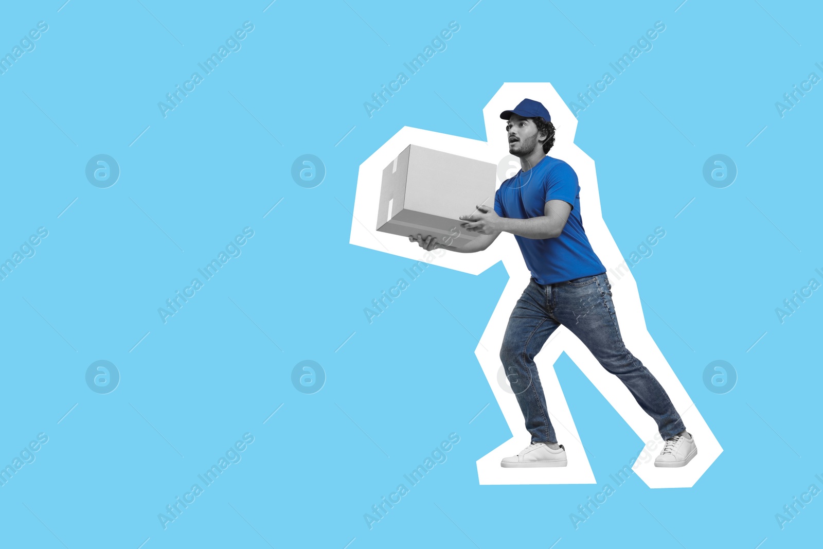 Image of Shocked courier with parcel running on light blue background, space for text