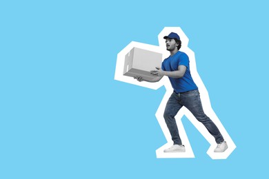 Shocked courier with parcel running on light blue background, space for text