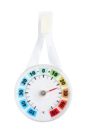 Round weather thermometer on white background, top view