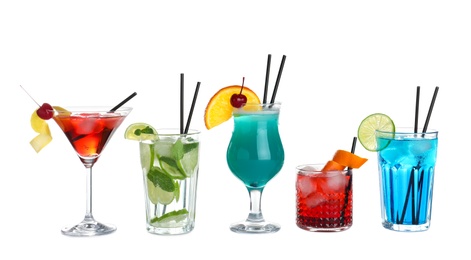 Photo of Tasty fresh alcoholic cocktails on white background