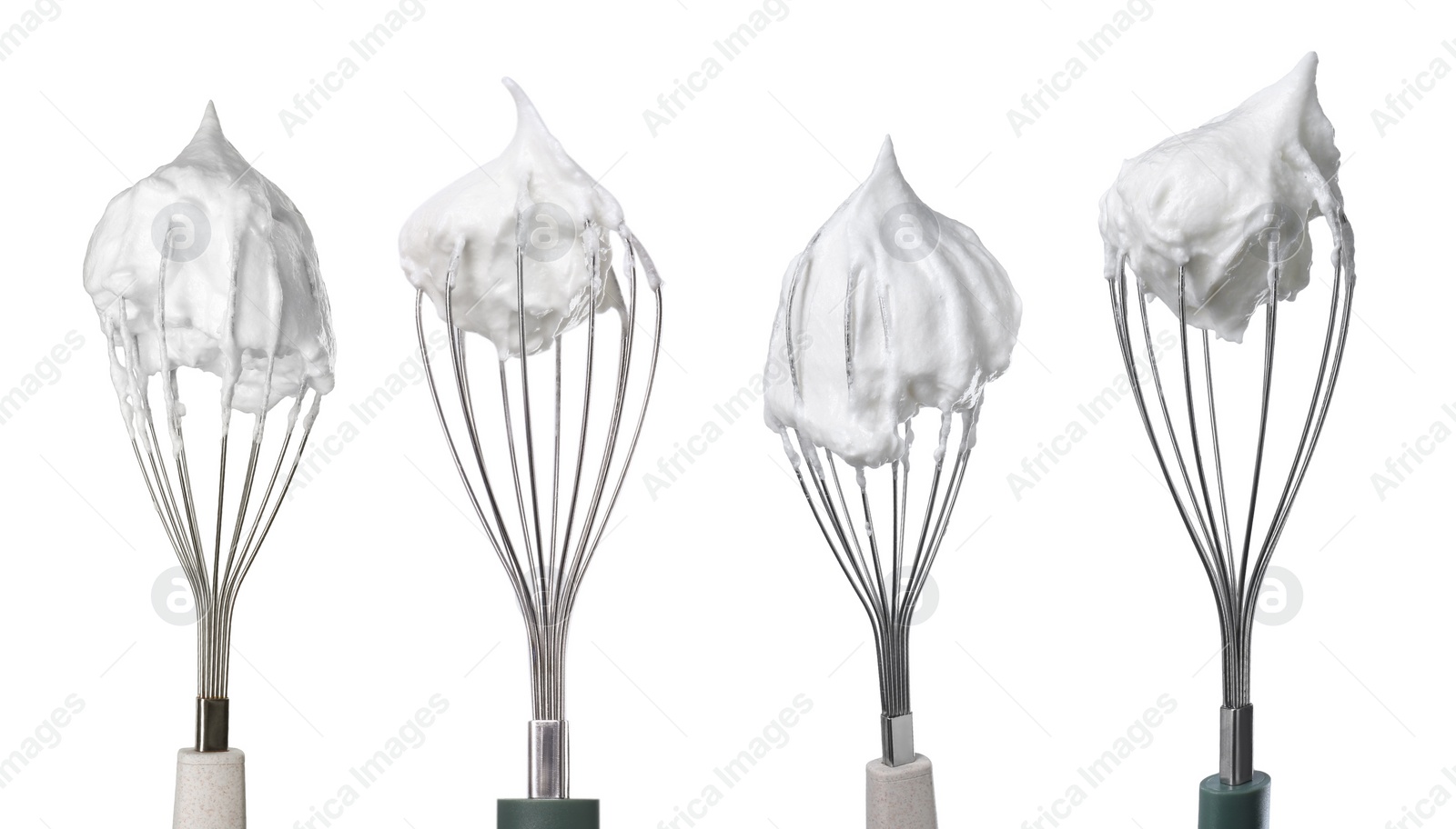 Image of Many different whisks with cream isolated on white, collection