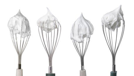 Image of Many different whisks with cream isolated on white, collection