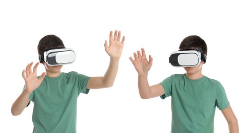 Teenage boy using virtual reality headset on white background, collage. Banner design