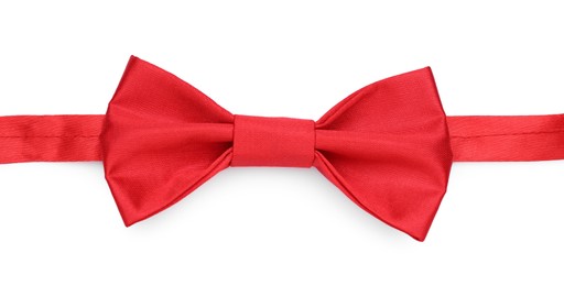 Photo of Stylish red bow tie on white background, top view
