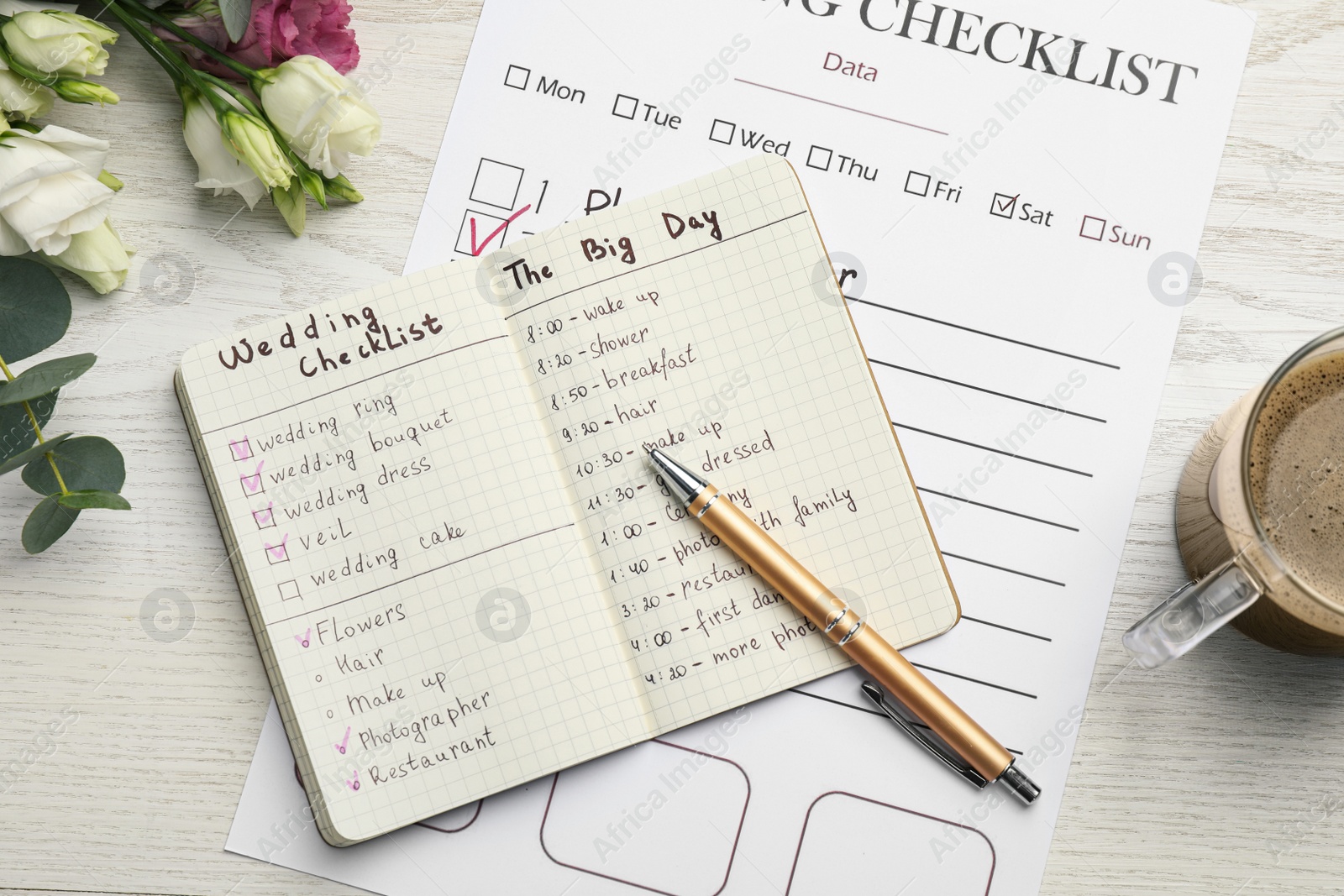 Photo of Flat lay composition with Wedding Planner on white wooden table