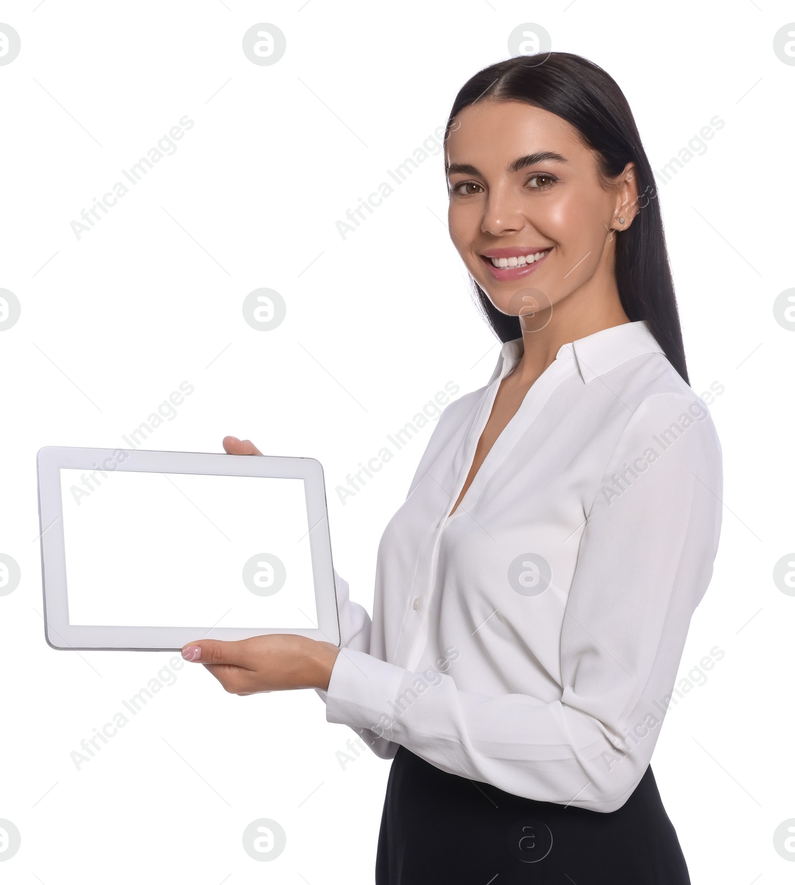 Photo of Portrait of hostess in uniform with tablet on white background