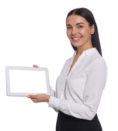 Photo of Portrait of hostess in uniform with tablet on white background