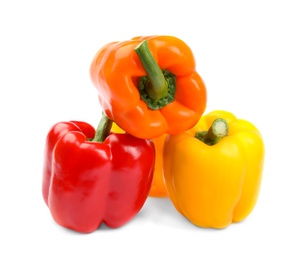 Fresh ripe bell peppers on white background