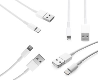 USB cable with lightning connector on white background, views from different sides. Collage design