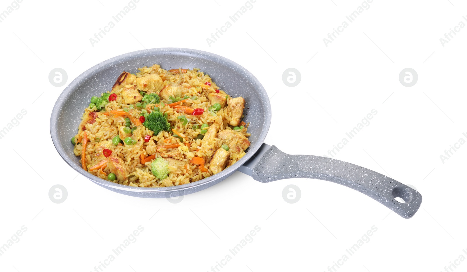 Photo of Tasty rice with meat and vegetables in frying pan isolated on white