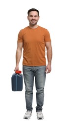 Man holding blue canister on white background