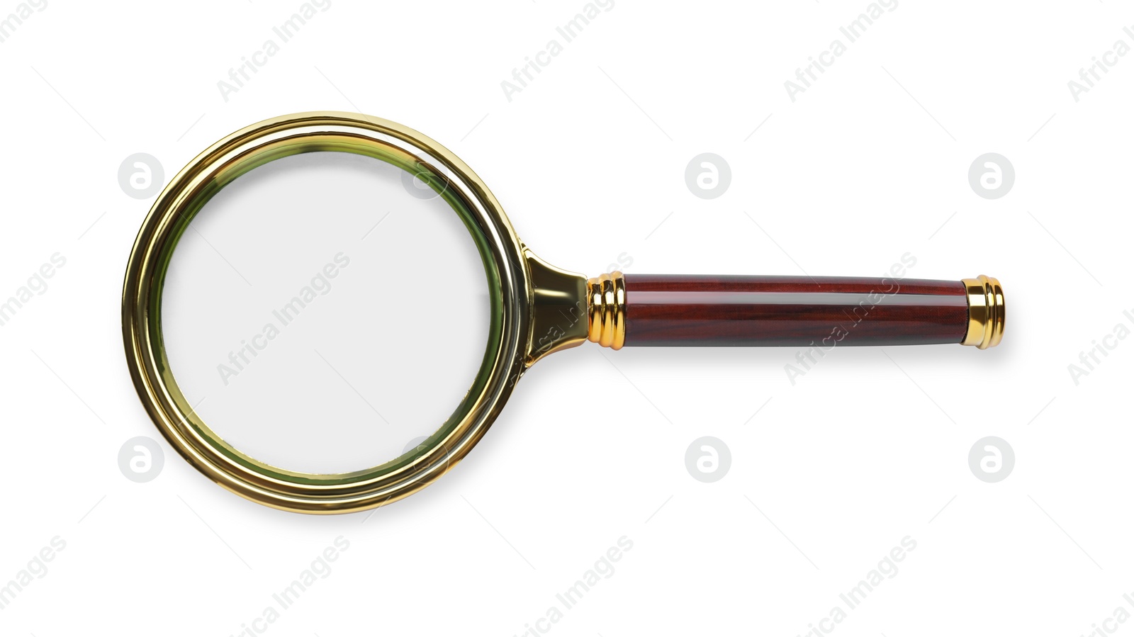 Photo of Magnifying glass with handle isolated on white, top view