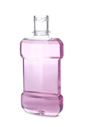 Photo of Bottle with mouthwash for teeth care on white background