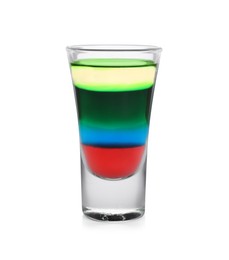 Photo of Shooter in shot glass isolated on white. Alcohol drink