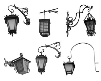 Image of Beautiful street lamps in retro style on white background, collage