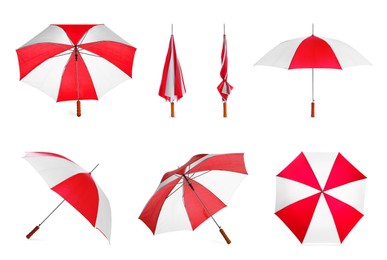 Image of Set with stylish umbrellas on white background