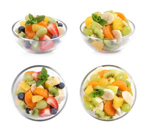 Image of Delicious fruit salads in bowls isolated on white, top and side views