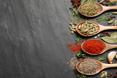 Flat lay composition with different natural spices and herbs on black table, space for text