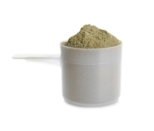 Scoop with hemp protein powder on white background