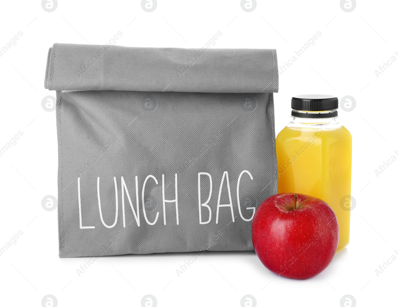 Photo of Lunch bag with healthy food for schoolchild on white background