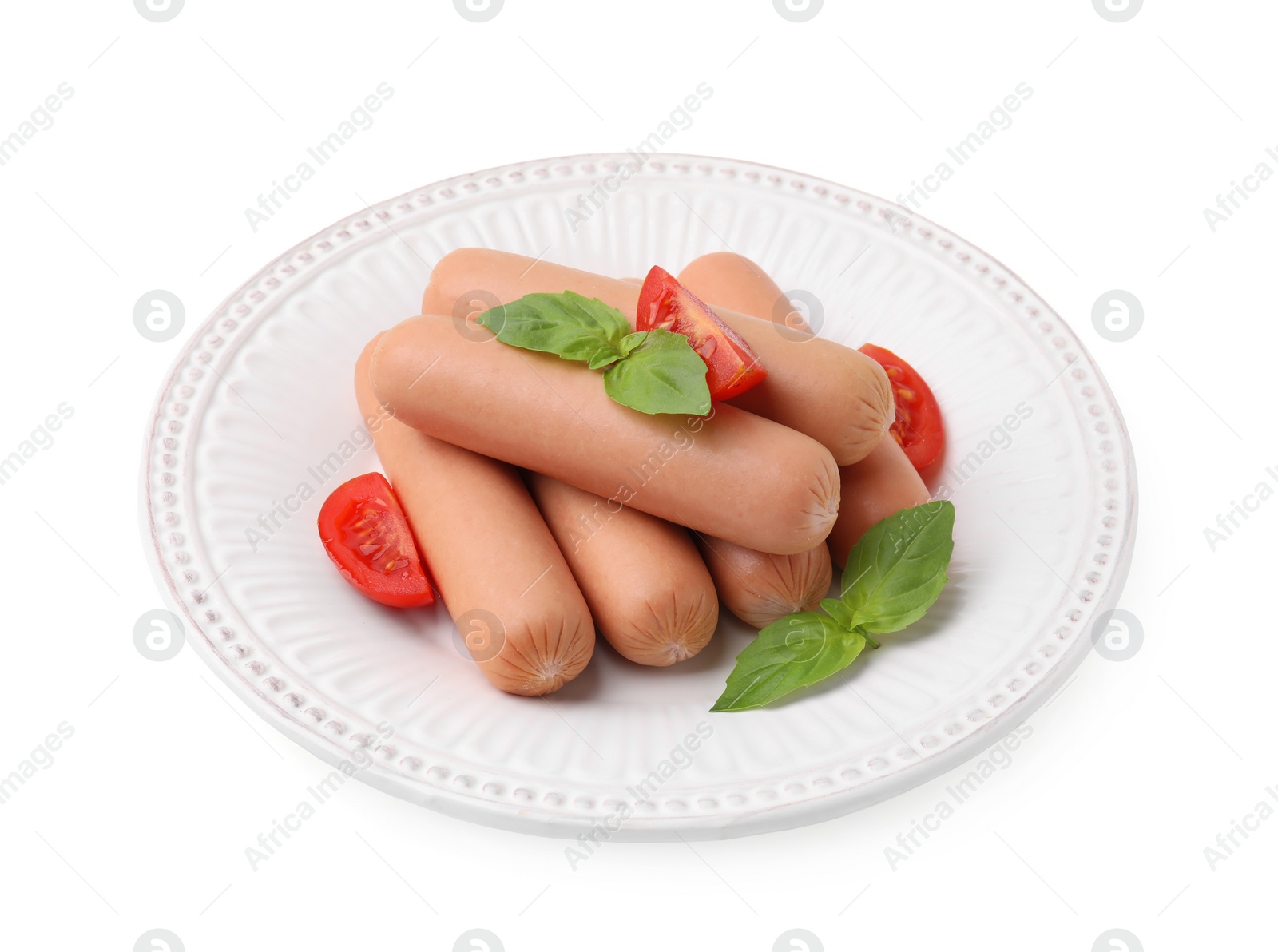 Photo of Delicious boiled sausages, tomatoes and basil isolated on white