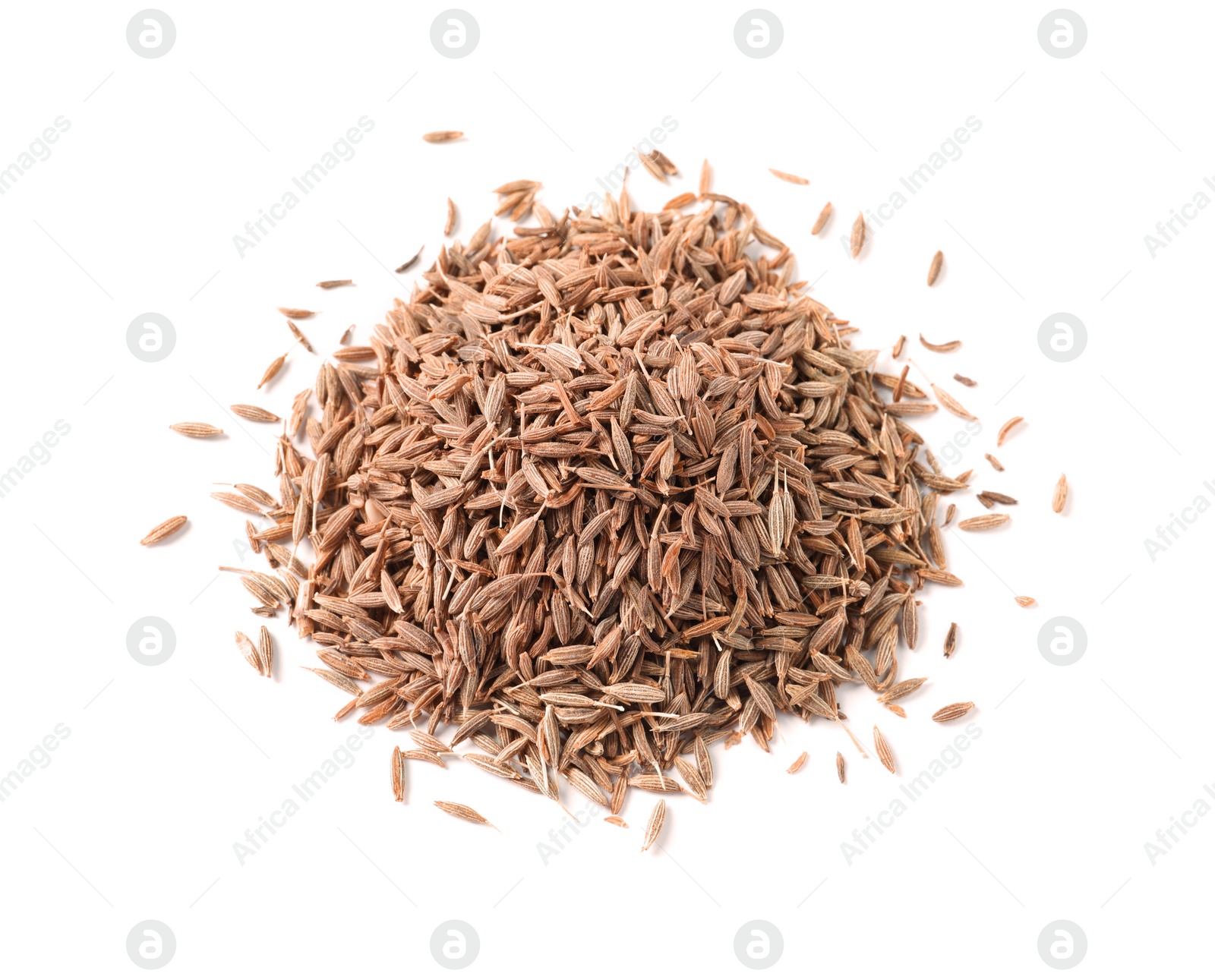 Photo of Heap of aromatic caraway (Persian cumin) seeds isolated on white, top view