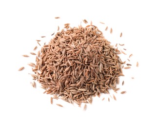 Heap of aromatic caraway (Persian cumin) seeds isolated on white, top view