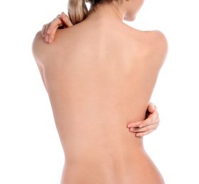 Photo of Back view of woman with perfect smooth skin on white background, closeup. Beauty and body care