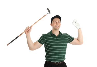 Young man with golf club on white background