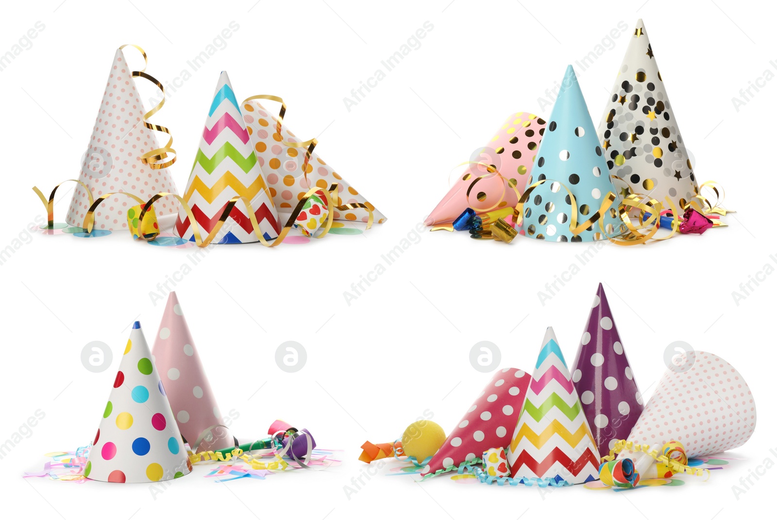 Image of Set with colorful party hats, blowers and streamers on white background. Banner design