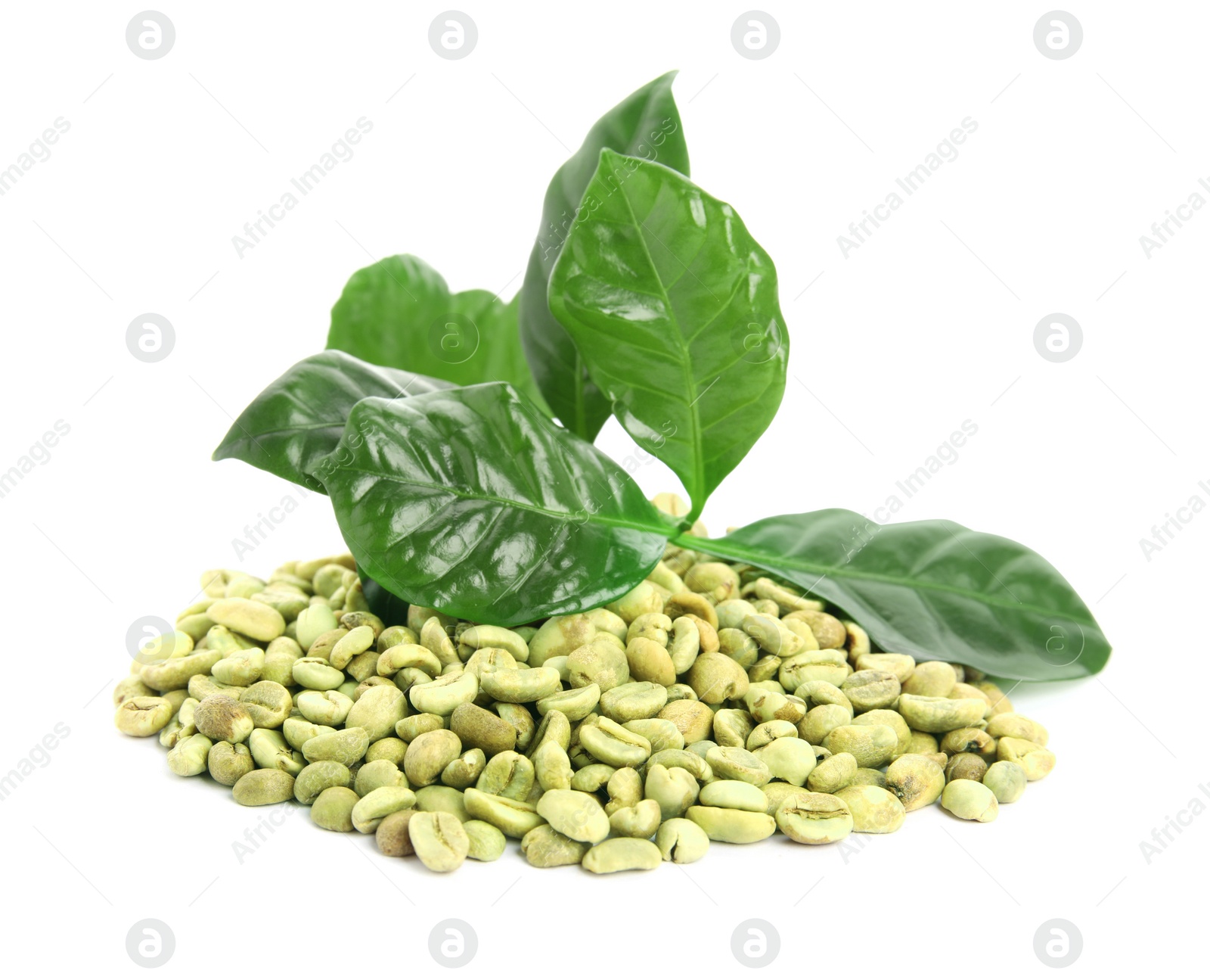 Photo of Green coffee beans and fresh leaves on white background