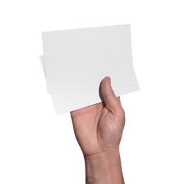 Man holding paper cards on white background, closeup. Mockup for design