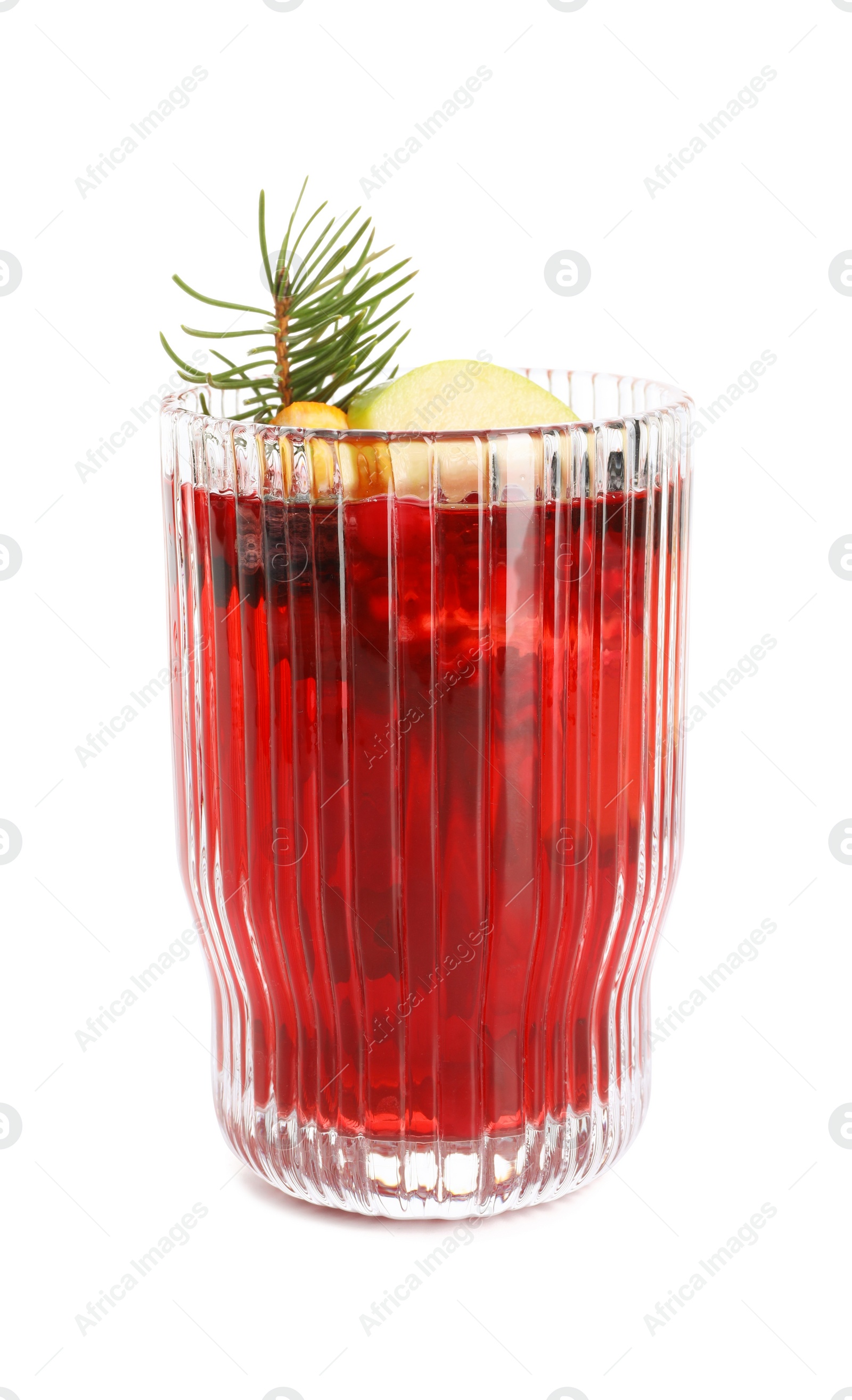 Photo of Aromatic Christmas Sangria drink in glass isolated on white