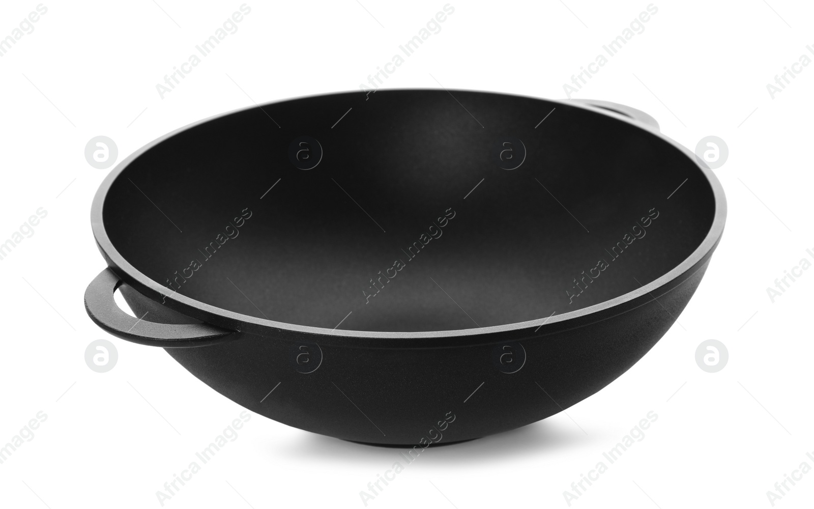 Photo of Empty iron wok isolated on white. Chinese cookware