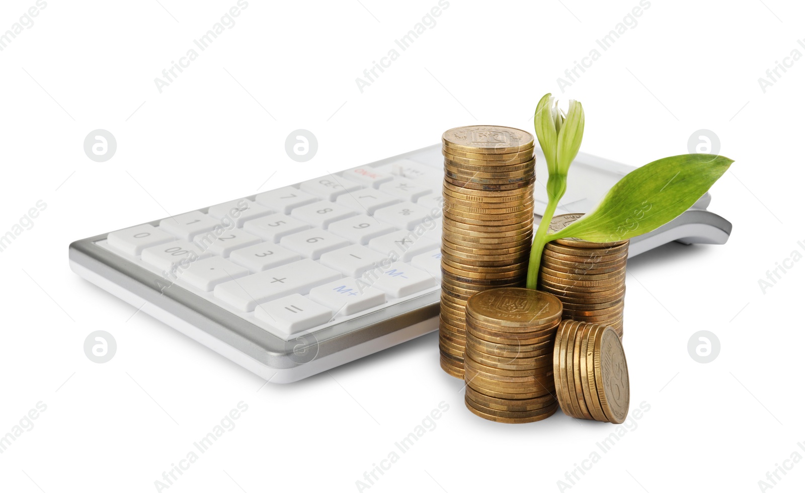 Photo of Stacks of coins with green plant and calculator on white background. Investment concept