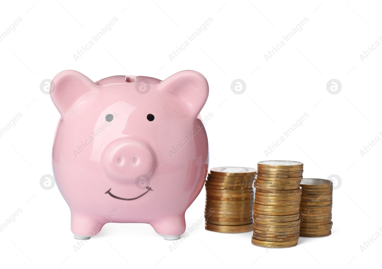 Photo of Piggy bank with coins isolated on white