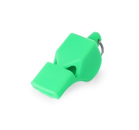 One green plastic whistle isolated on white