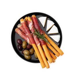 Photo of Plate of delicious grissini sticks with prosciutto, cheese and olives on white background, top view