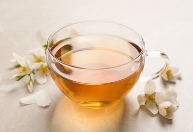 Glass cup of aromatic jasmine tea and fresh flowers on grey table, closeup