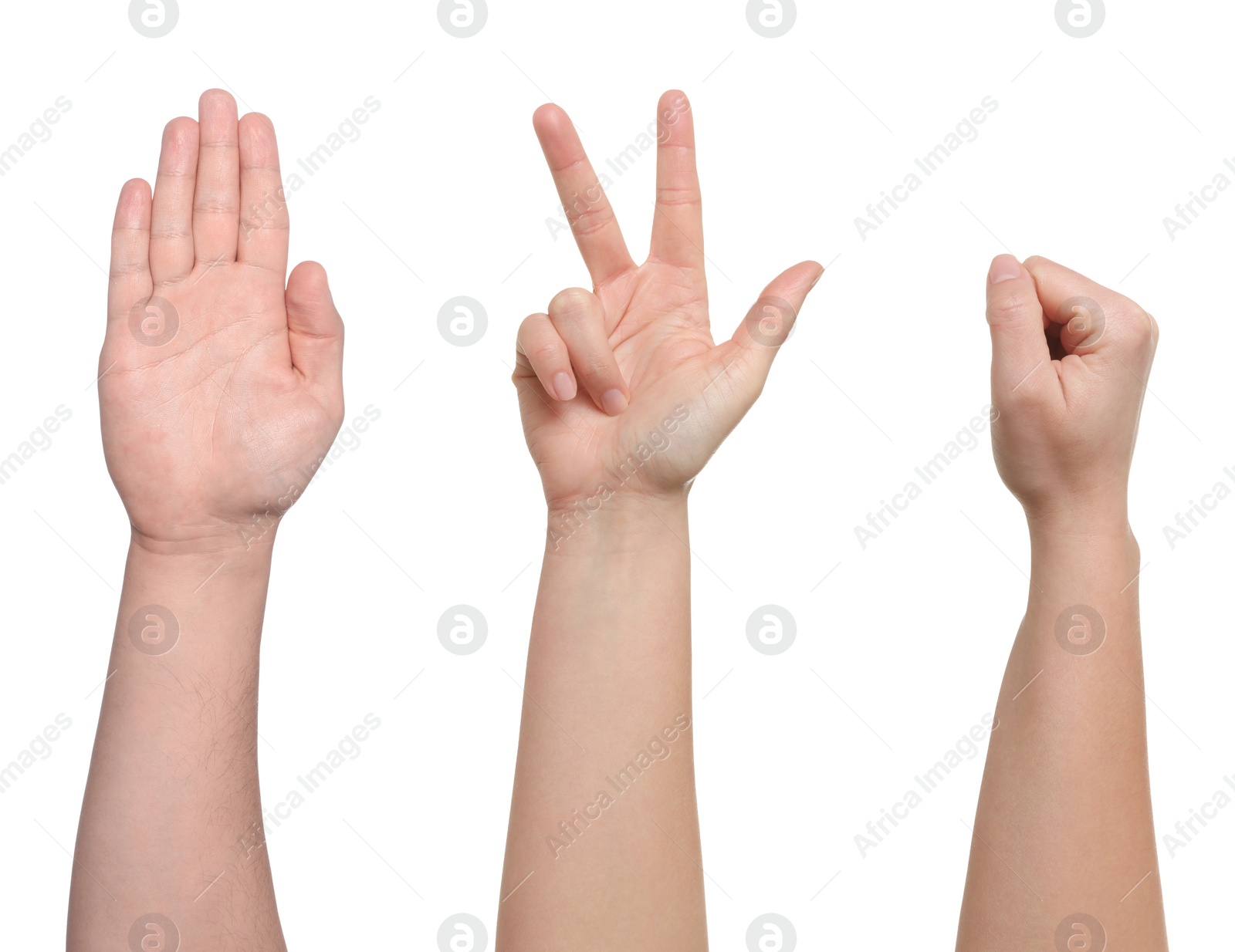 Image of People playing rock, paper and scissors on white background, closeup