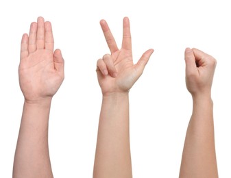 Image of People playing rock, paper and scissors on white background, closeup