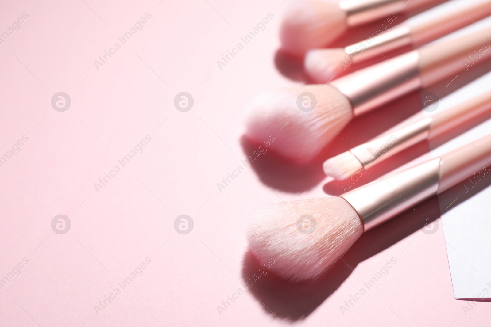 Photo of Set of professional makeup brushes on color background. Space for text