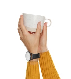 Woman holding elegant cup on white background, closeup