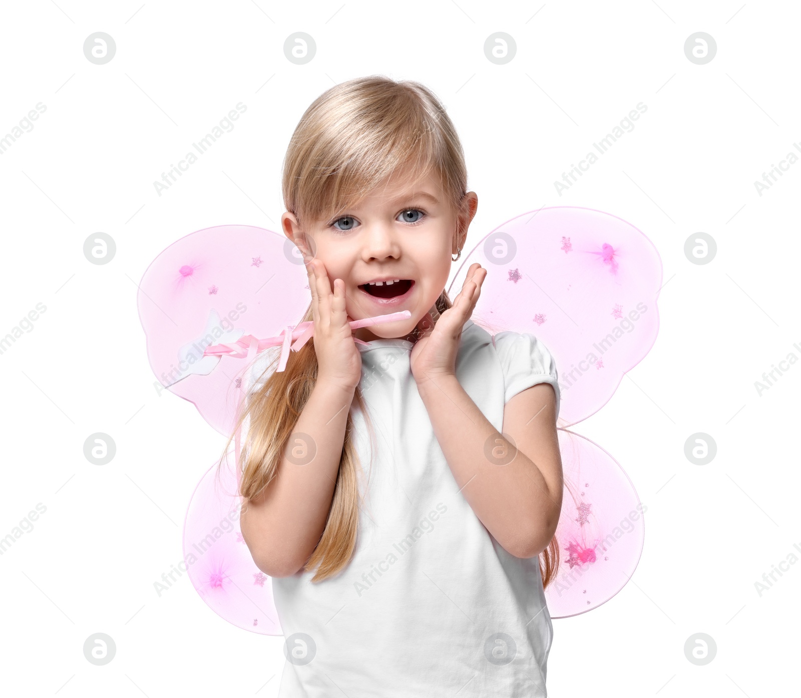 Photo of Surprised little girl in fairy costume with pink wings and magic wand on white background