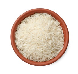 Photo of Raw basmati rice in bowl isolated on white, top view