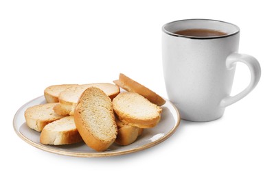 Photo of Hard chuck crackers and cup of tea on white background