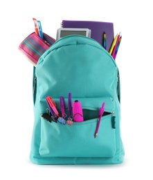 Photo of Bright backpack with school stationery isolated on white