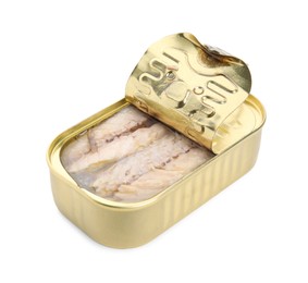 Photo of Open tin can with mackerel fillets isolated on white