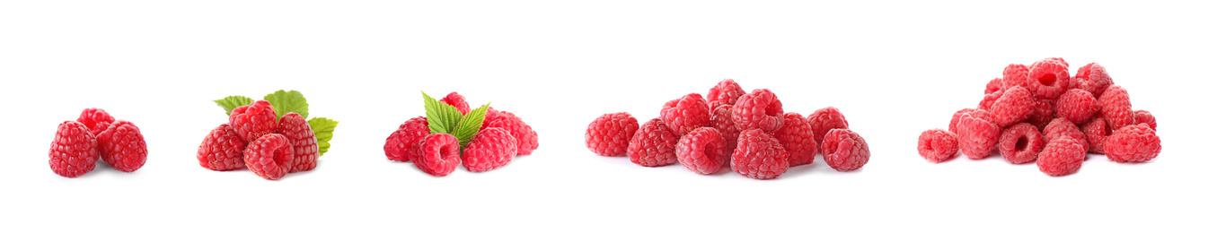 Set of ripe raspberries on white background. Banner design